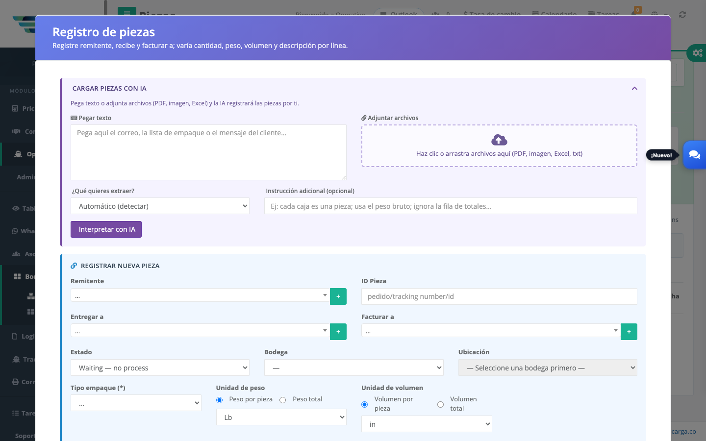 Registrar piezas