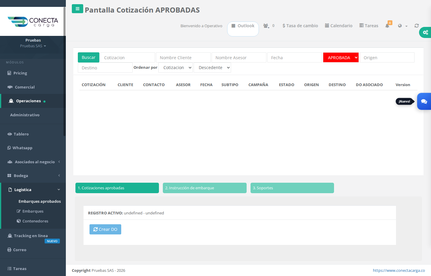 Pestaña Cotizaciones aprobadas