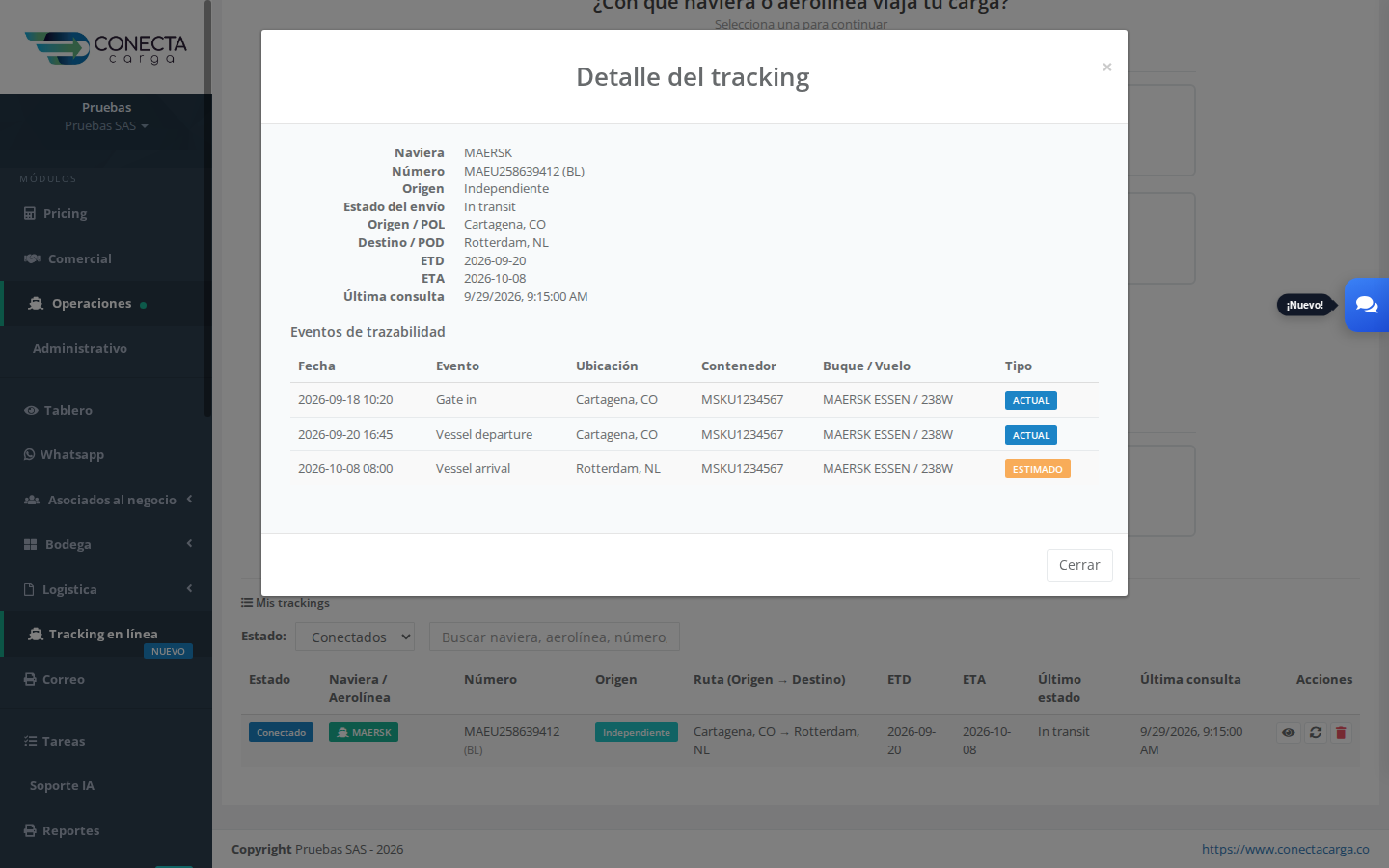 Detalle del tracking